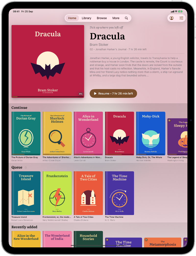The same Home screen on iPad, opening on Dracula with Continue and Queue shelves.
