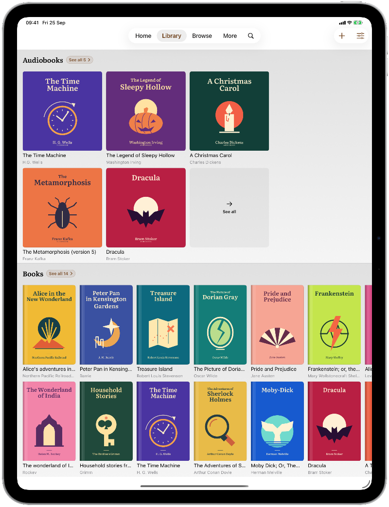 The iPad library with rows of audiobook and book covers.