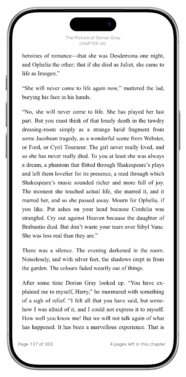 A page of The Picture of Dorian Gray in the reader, with page count and pages left in the chapter.